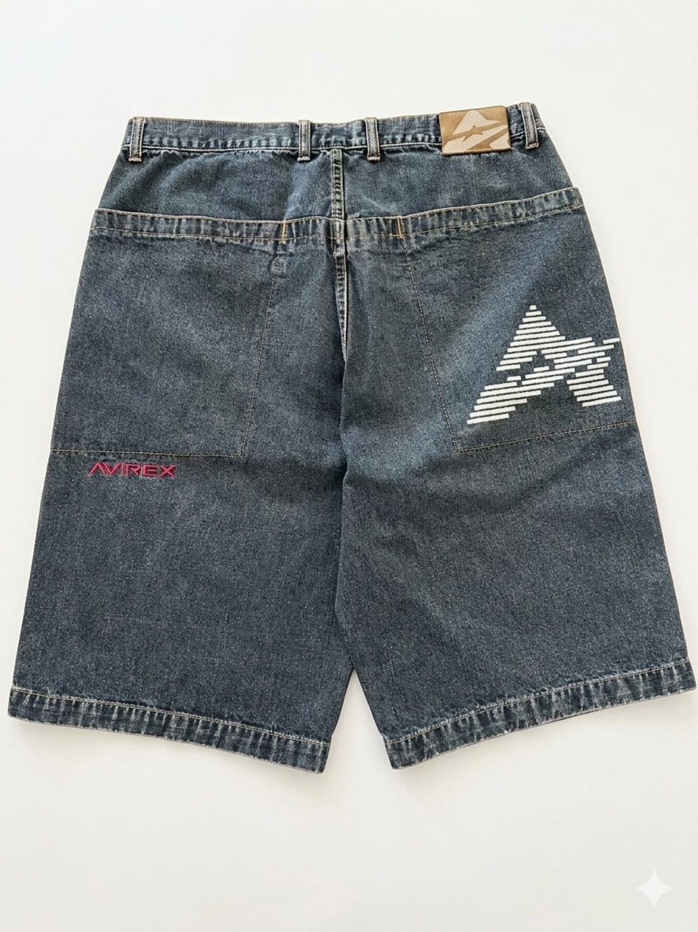 Avirex Dark Blue Denim Shorts with White Logo and Pink Embroidery